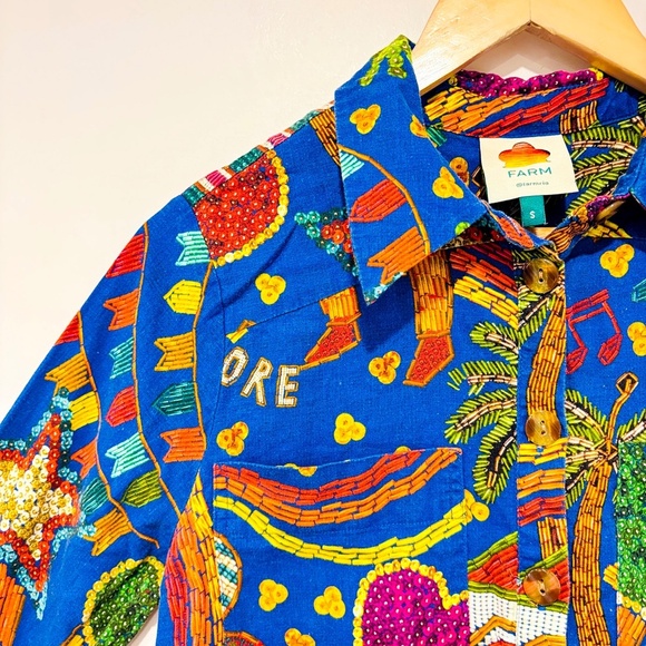 FARM RIO Blue Folk Party linen romper - Picture 3 of 10